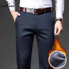 SHAN BAO 2021 winter brand fleece thick warm fit straight trousers business casual men&#39;s high waist lyocell classic pants