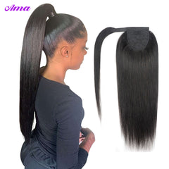 Straight Ponytail Human Hair Wrap Around Long Ponytail Extensions Clip in Hair Extensions Remy Hairstyle Hairpiece