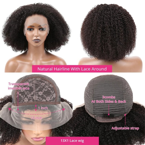 Afro Kinky Curly Wig Human Hair Wigs T Part Transparent Lace Short Curly Bob Wig 200 Density Thick Preplucked Wig