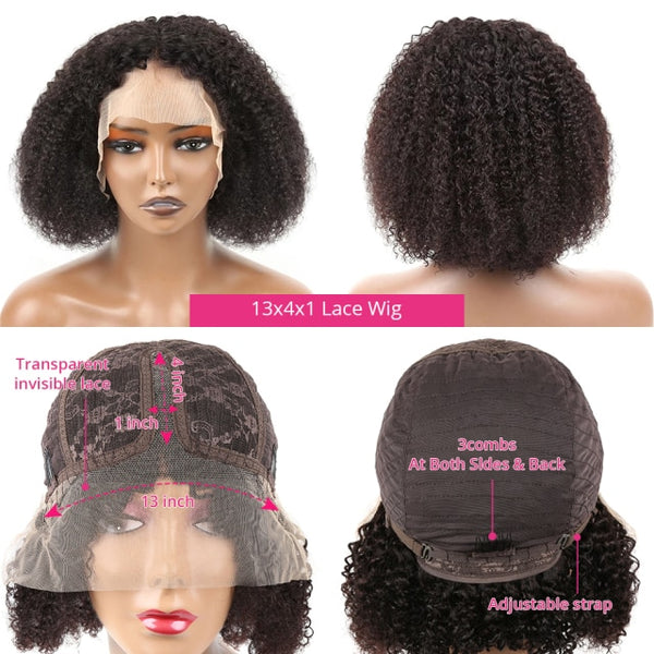 Afro Kinky Curly Wig Human Hair Wigs T Part Transparent Lace Short Curly Bob Wig 200 Density Thick Preplucked Wig