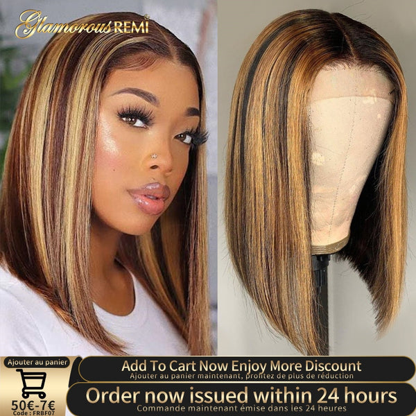Brazilian Honey Blonde Bob Wig Highlight Straight Lace Front Wig With Baby Hair Preplucked Bob Straight Human Hair Wig For Women