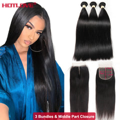 36 38 40 Inch Straight Bundles With Closure Brazilian Hair Weave Bundles With Closure Frontal Pre Plucked Remy Hair Extension