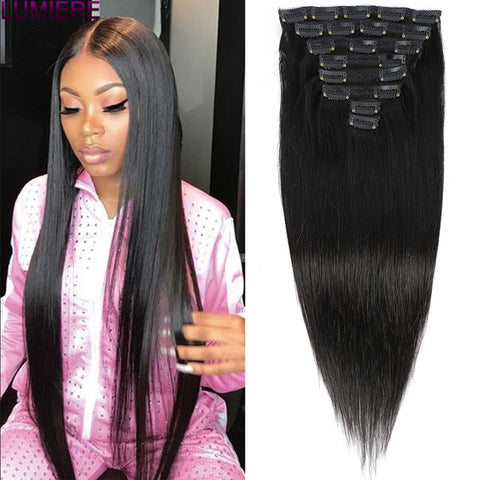 Natural Color Peruvian Bone Straight 100% Remy Clips In Human Hair Extension